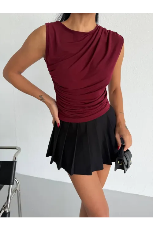 Kadın Bordo Büzgülü Kolsuz Sandy Bluz HZL26W-FRY122751