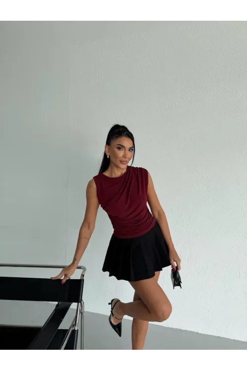 Kadın Bordo Büzgülü Kolsuz Sandy Bluz HZL26W-FRY122751