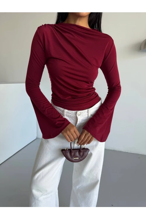 Kadın Bordo Drape Detaylı İspanyol Kol Sany Bluz HZL25W-FRY123431
