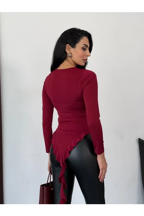 Kadın Bordo Fırfır Detaylı Uzun Kol Asimetrik Bluz HZL25W-FRY123621