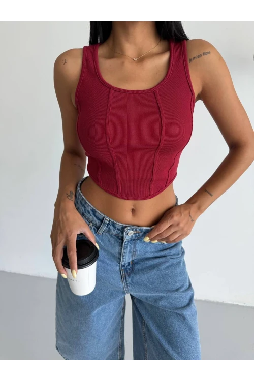 Kadın Bordo Fitilli Kaşkorse Crop Bluz HZL25S-FRY123171