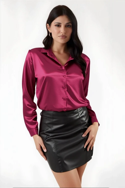 Kadın Bordo Hafif Dökümlü Saten Yüzeyli Gömlek Hzl22w-bd139641