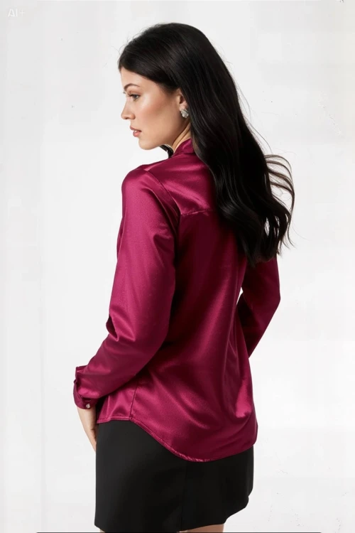 Kadın Bordo Hafif Dökümlü Saten Yüzeyli Gömlek Hzl22w-bd139641