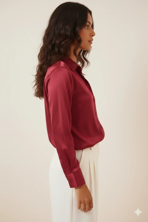 Kadın Bordo Hafif Dökümlü Saten Yüzeyli Gömlek Hzl22w-bd139641