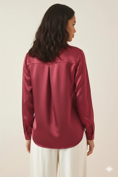 Kadın Bordo Hafif Dökümlü Saten Yüzeyli Gömlek Hzl22w-bd139641