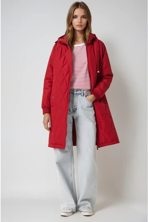 Kadın Bordo Kapitone Uzun Şişme Mont HZL22W-BD151381