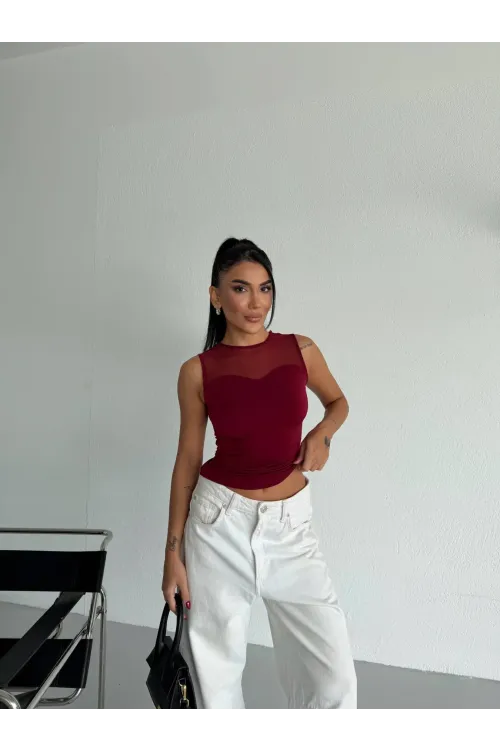 Kadın Bordo Kolsuz Likralı Tül Detay Sandy Bluz HZL26W-FRY123721