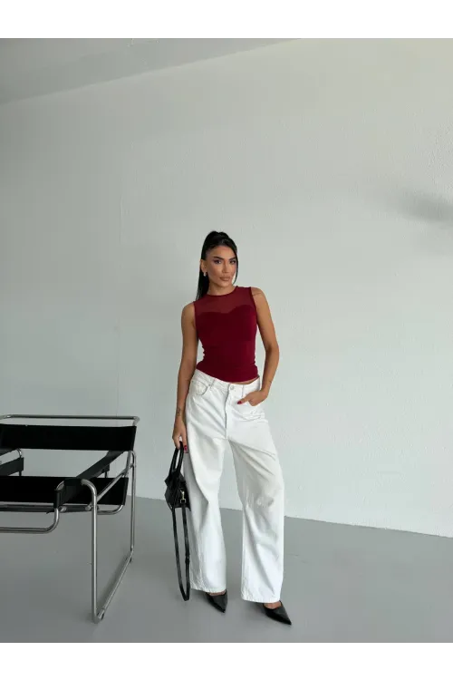 Kadın Bordo Kolsuz Likralı Tül Detay Sandy Bluz HZL26W-FRY123721