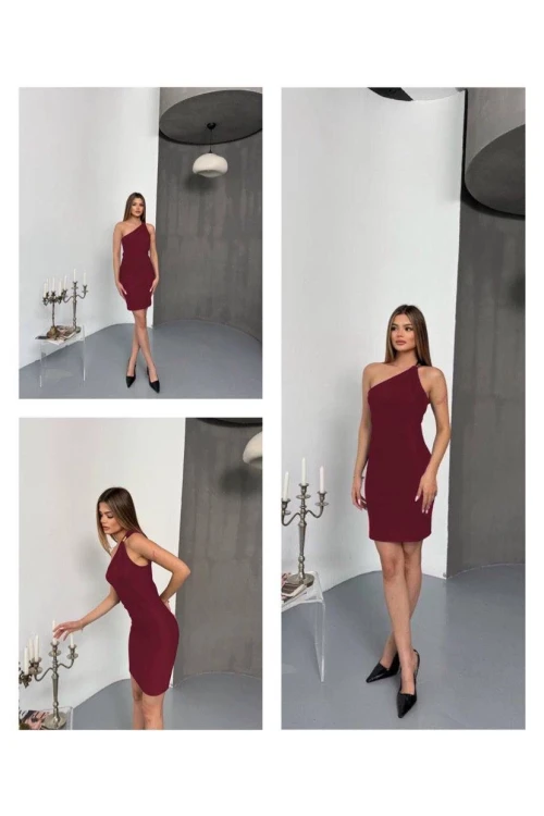 Kadın Bordo Ottoman Kumaş Tek Omuz Toka Detaylı Elbise HZL25S-FRY123151