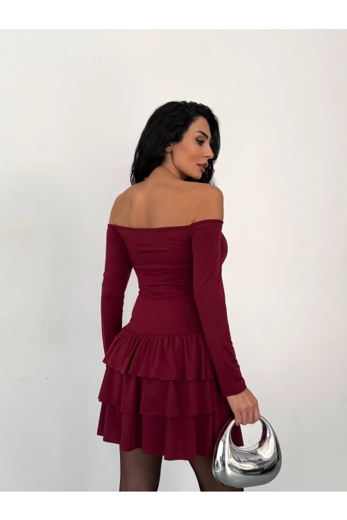 Kadın Bordo Straplez Yaka Kat Kat Etek Detaylı Mini Elbise HZL25W-FRY123581