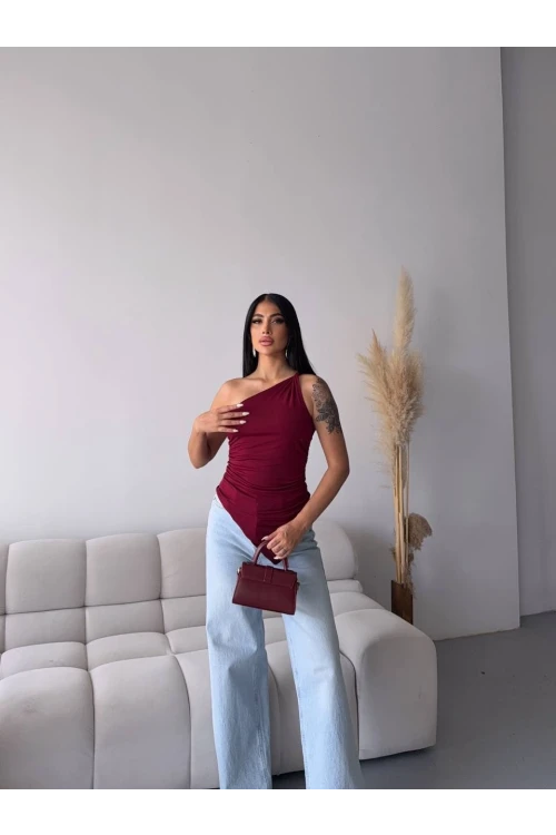 Kadın Bordo Tek Omuz Asimetrik Kesim Sandy Bluz HZL25S-FRY123241
