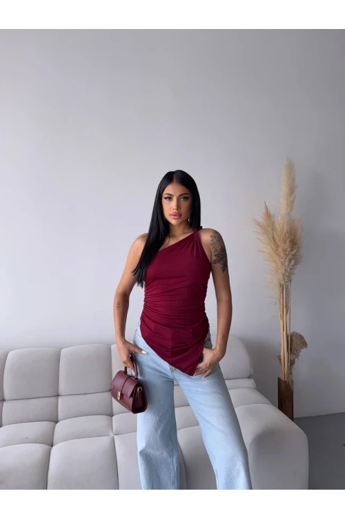 Kadın Bordo Tek Omuz Asimetrik Kesim Sandy Bluz HZL25S-FRY123241