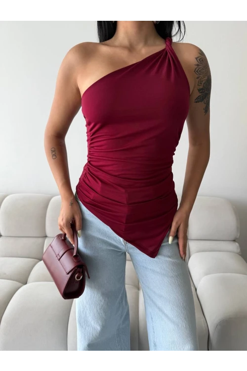 Kadın Bordo Tek Omuz Asimetrik Kesim Sandy Bluz HZL25S-FRY123241