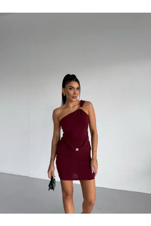 Kadın Bordo Tek Omuz Gold Aksesuarlı Sandy Mini Elbise HZL26W-FRY123781