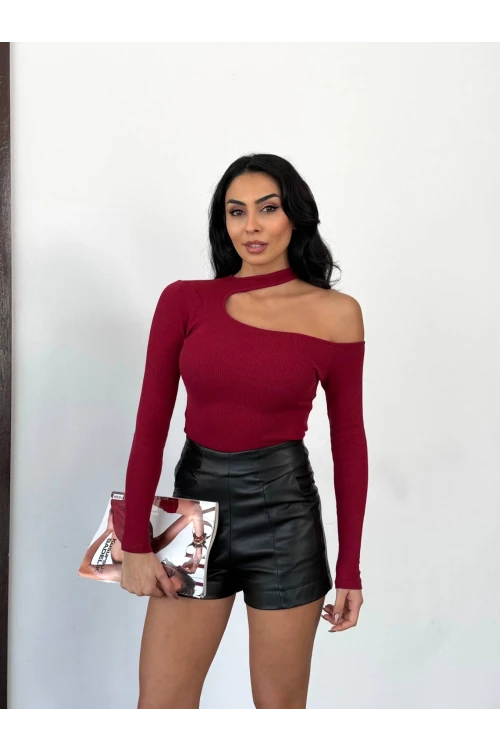 Kadın Bordo Tek Omuz Yırtmaç Detaylı Uzun Kollu Fitilli Kaşkorse Bluz HZL25W-FRY121531