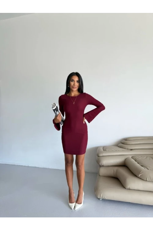Kadın Bordo Uzun Kol Ottomon Kumaş Elbise HZL25W-FRY123341