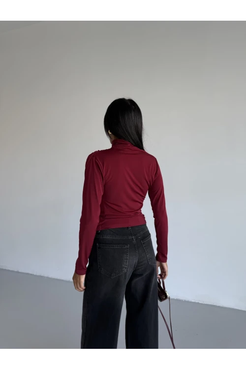 Kadın Bordo Uzun Kollu Drape Detaylı Boğazlı Sandy Bluz HZL25W-FRY123301