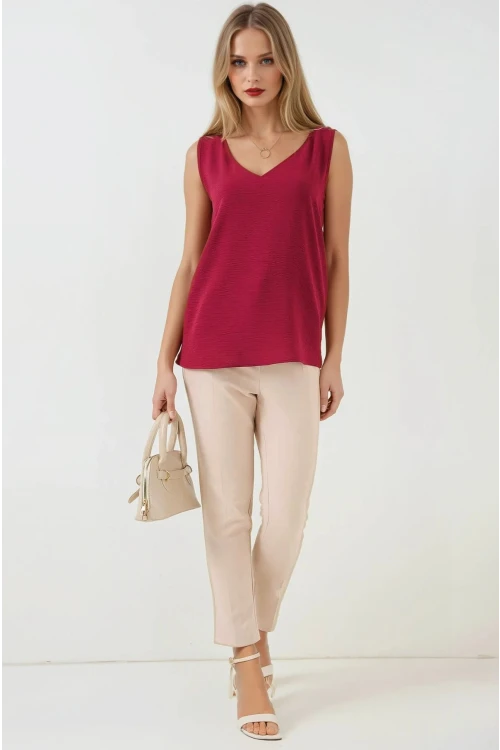 Kadın Bordo V Yaka Sıfır Kol Bluz HZL25S-BD19501
