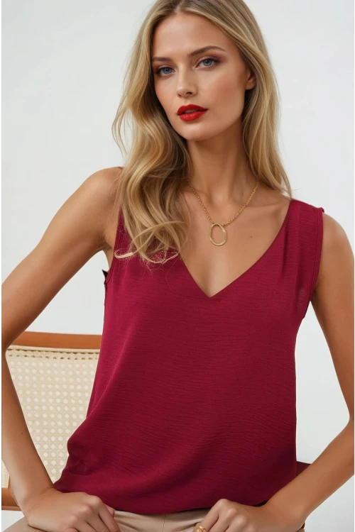 Kadın Bordo V Yaka Sıfır Kol Bluz HZL25S-BD19501