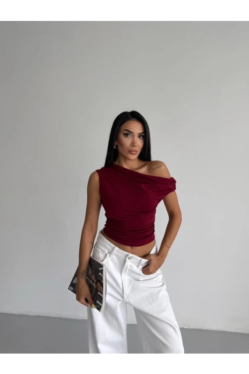 Kadın Bordo Yandan Drapeli Kayık Yaka Sandy Bluz HZL25S-FRY123201