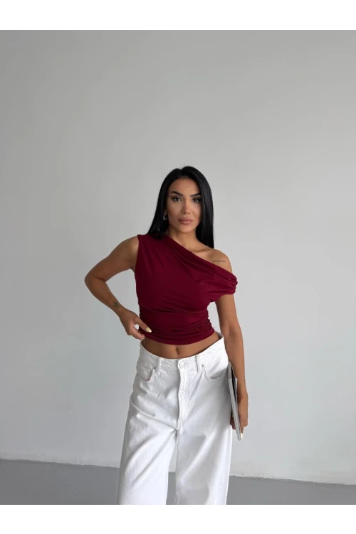 Kadın Bordo Yandan Drapeli Kayık Yaka Sandy Bluz HZL25S-FRY123201