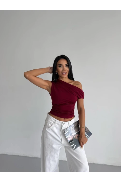 Kadın Bordo Yandan Drapeli Kayık Yaka Sandy Bluz HZL25S-FRY123201