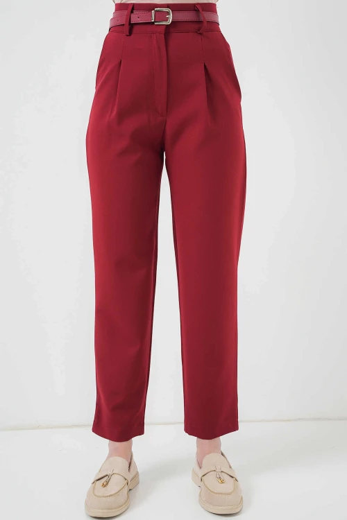 Kadın Bordo Yüksel Bel Kemerli Kumaş Pantolon HZL25S-BD167251