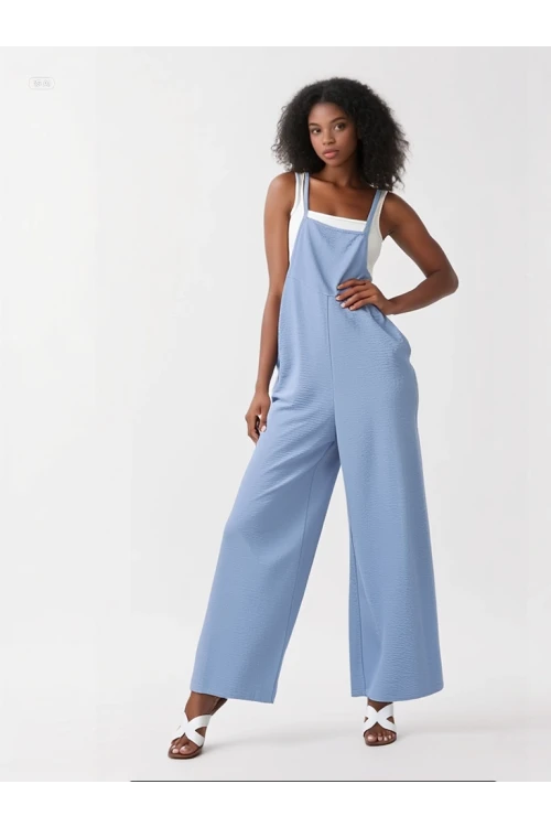 Kadın Buz Mavi Ayarlanabilir Askılı Cepli Bol Paça Bahçıvan Tulum HZL22S-BD170191