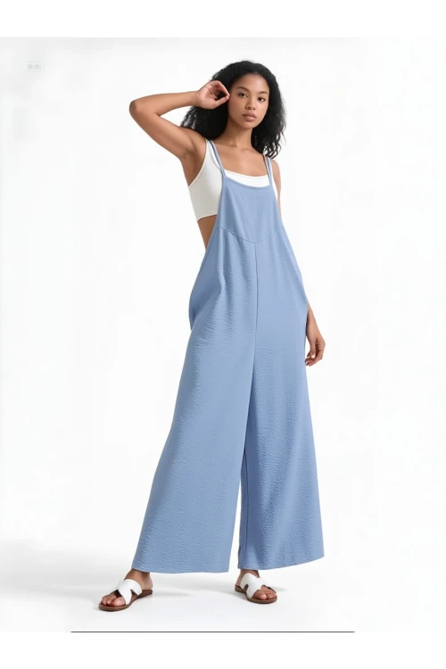 Kadın Buz Mavi Ayarlanabilir Askılı Cepli Bol Paça Bahçıvan Tulum HZL22S-BD170191