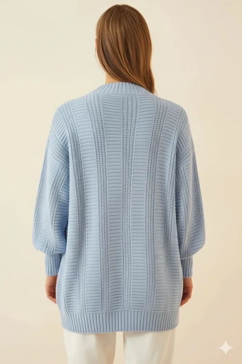 Kadın Buz Mavi Saç Örgü Desen Uzun Düğmeli Rahat Kesim Triko Hırka HZL23W-BD1100691