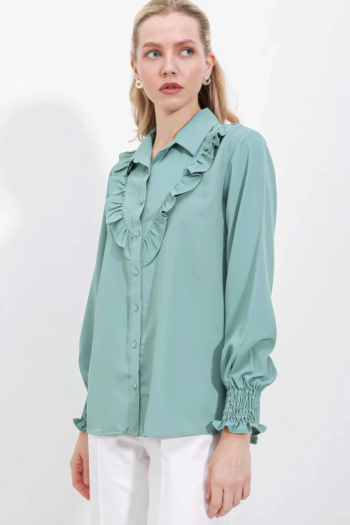 Kadın Çağla Fırfır Detaylı Uzun Kollu Şık Gömlek HZL25W-BD1202231