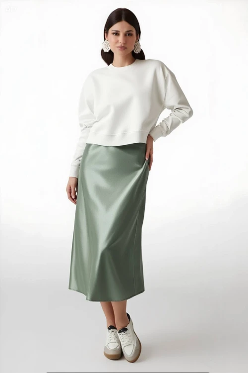 Kadın Çağla Saten Yüzeyli Beli Lastikli Midi Boy Etek Hzl23s-bd1101471