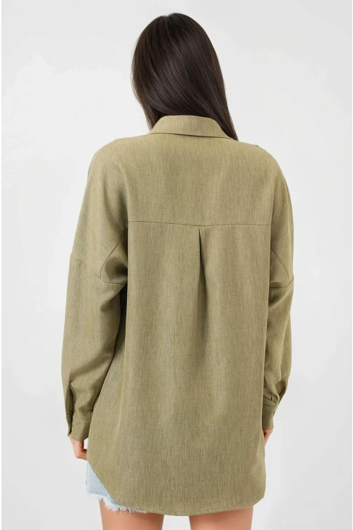 Kadın Çağla Yeşil Oversize Çift Cepli Keten Gömlek HZL22S-BD1201261