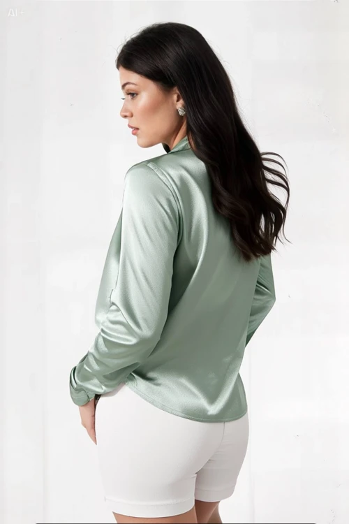 Kadın Çağla Yeşili Hafif Dökümlü Saten Yüzeyli Gömlek Hzl22w-bd139641