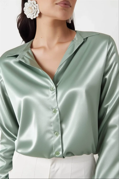 Kadın Çağla Yeşili Hafif Dökümlü Saten Yüzeyli Gömlek Hzl22w-bd139641