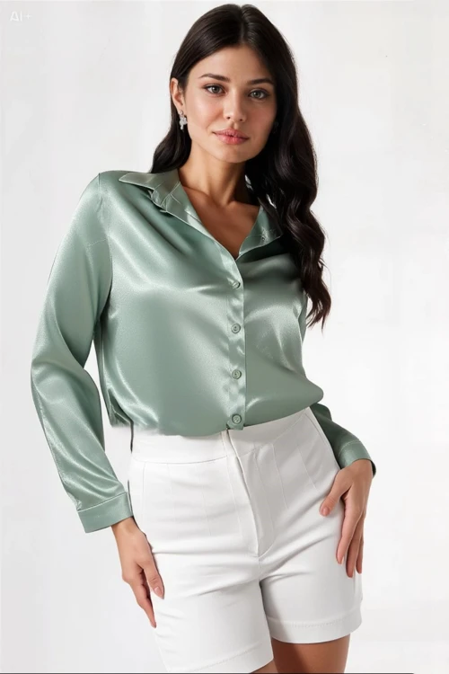 Kadın Çağla Yeşili Hafif Dökümlü Saten Yüzeyli Gömlek Hzl22w-bd139641