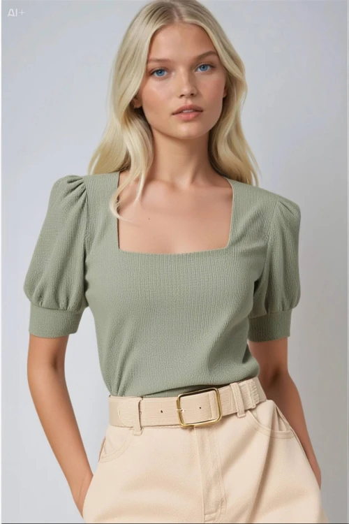 Kadın Çağla Yeşili Kare Yaka Örme Bluz HZL22W-BD104091