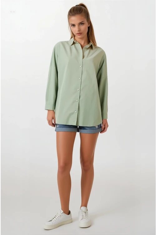 Kadın Çağla Yeşili Oversize Uzun Basic Gömlek Hzl22w-bd139001