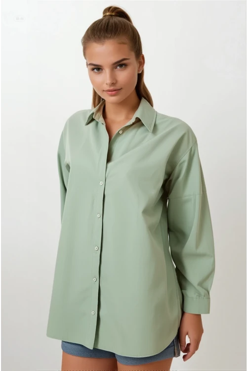 Kadın Çağla Yeşili Oversize Uzun Basic Gömlek Hzl22w-bd139001