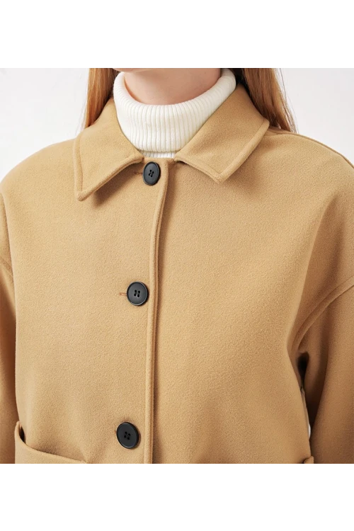 Kadın Camel Düğmeli Cepli Kısa Kaşe Ceket HZL25W-BD107131