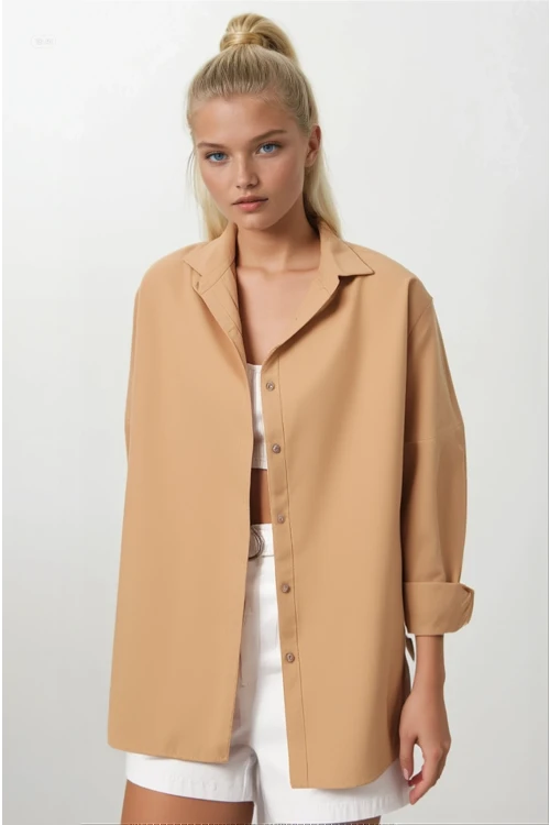 Kadın Camel Oversize Uzun Basic Gömlek  HZL22W-BD139001