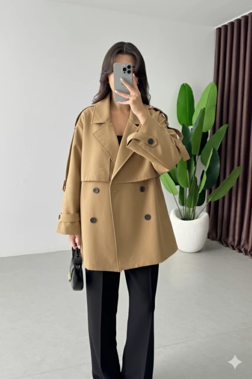 Kadın Camel Premium Midi Boy Astarlı Kaşe Kaban HZL25W-BD191571