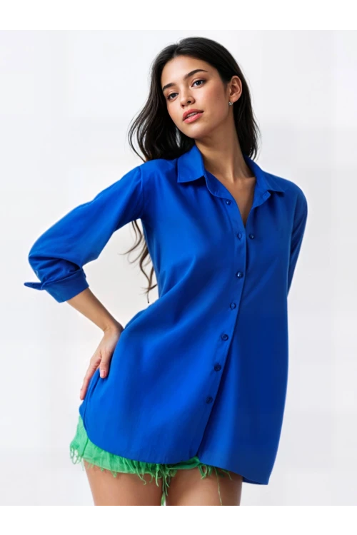Kadın Canlı Mavi Oversize Uzun Basic Gömlek HZL22W-BD139001