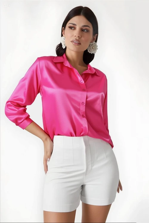 Kadın Canlı Pembe Hafif Dökümlü Saten Yüzeyli Gömlek Hzl22w-bd139641