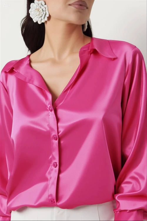 Kadın Canlı Pembe Hafif Dökümlü Saten Yüzeyli Gömlek Hzl22w-bd139641