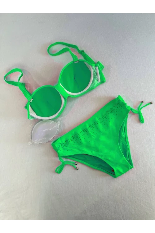 Kadın Canlı Yeşil Taş İşlemeli Astarlı Bikini Takım HZL25S-LC3361
