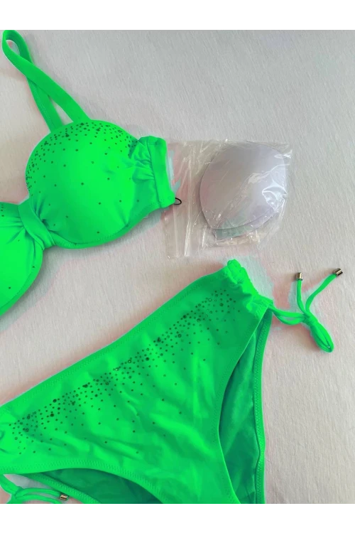 Kadın Canlı Yeşil Taş İşlemeli Astarlı Bikini Takım HZL25S-LC3361