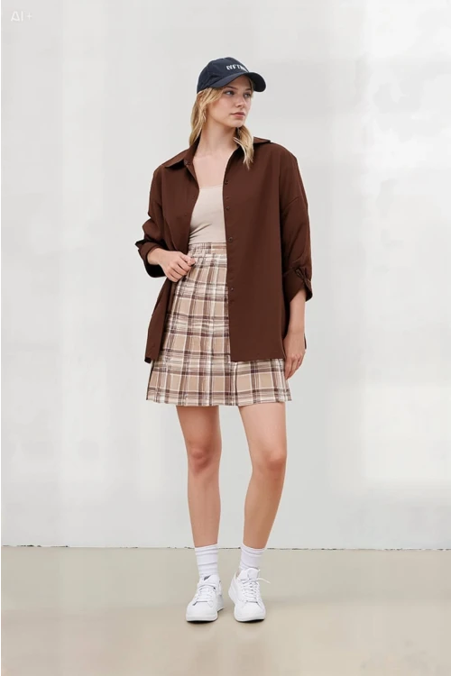 Kadın Çikolata Oversize Uzun Basic Gömlek Hzl22w-bd139001