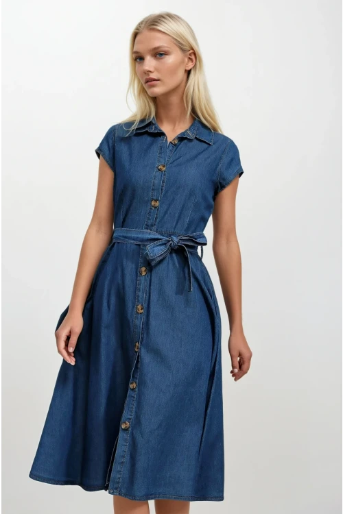 Kadın Denim Kısa Kollu Boydan Düğmeli Beli Kuşaklı Kot Gömlek Elbise Hzl22s-bd121761