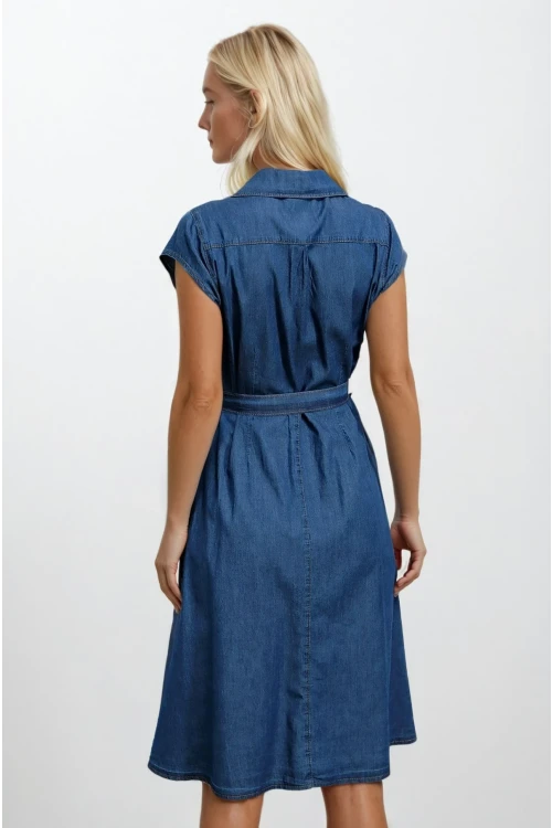 Kadın Denim Kısa Kollu Boydan Düğmeli Beli Kuşaklı Kot Gömlek Elbise Hzl22s-bd121761
